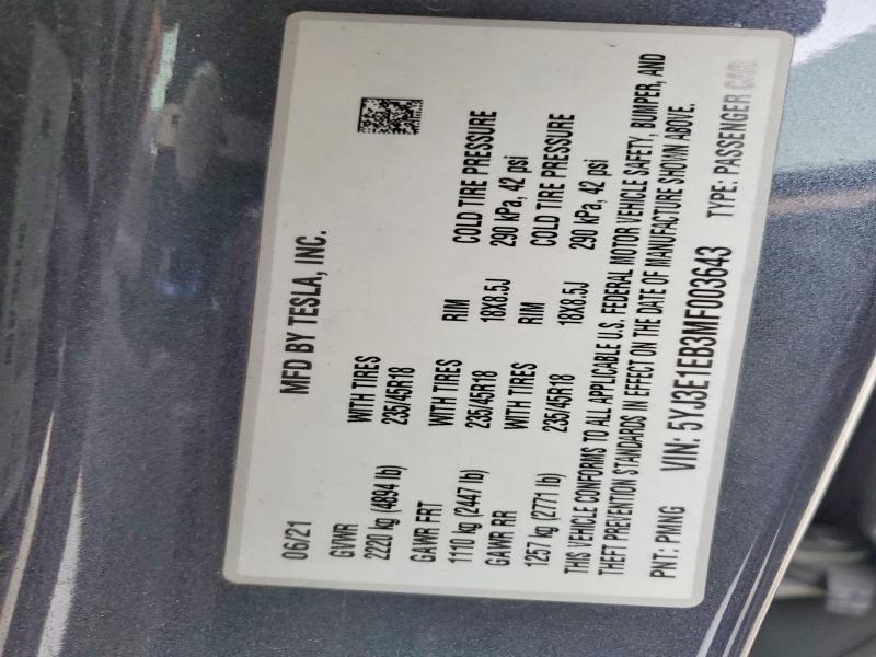 2021 Tesla Model 3 მანქანა იყიდება აუქციონზე, vin: 5YJ3E1EB3MF003643, აუქციონის ნომერი: 78106225