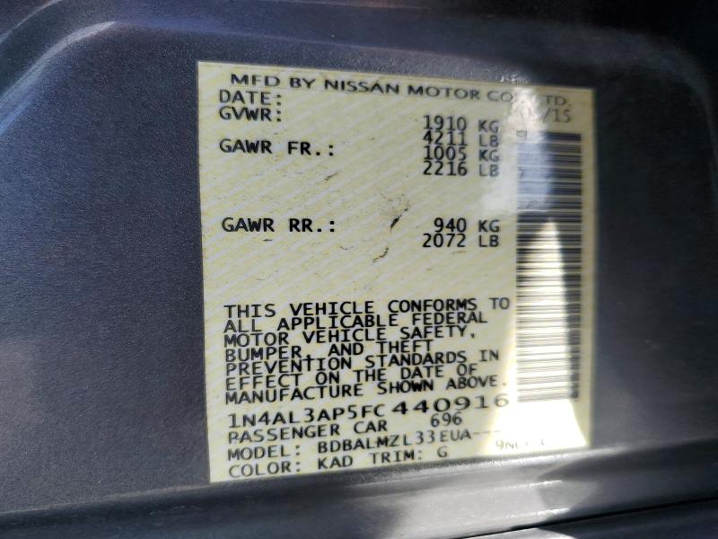 2015 Nissan Altima მანქანა იყიდება აუქციონზე, vin: 1N4AL3AP5FC440916, აუქციონის ნომერი: 77530645