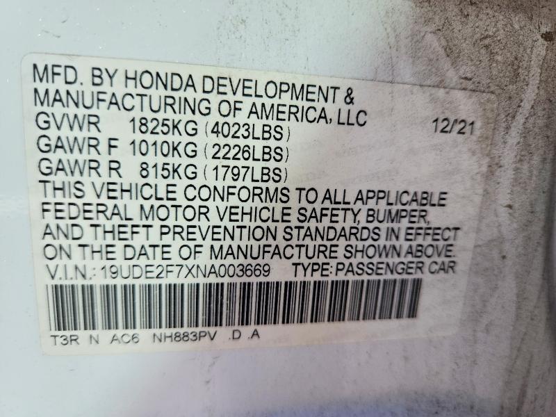 Aukcja sprzedaży 2022 Acura Ilx, vin: 19UDE2F7XNA003669, numer aukcji: 75970475