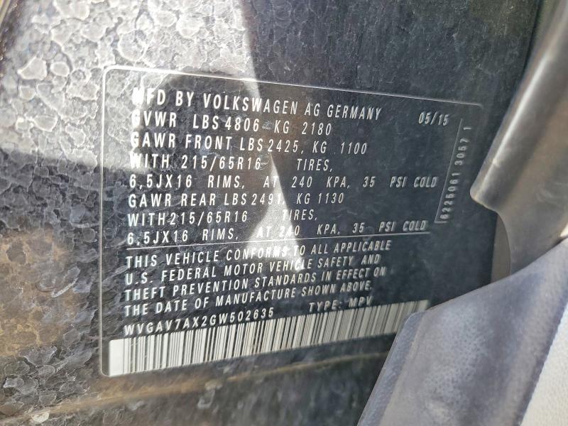 75642545 :رقم المزاد ، WVGAV7AX2GW502635 vin ، 2016 Volkswagen Tiguan مزاد بيع