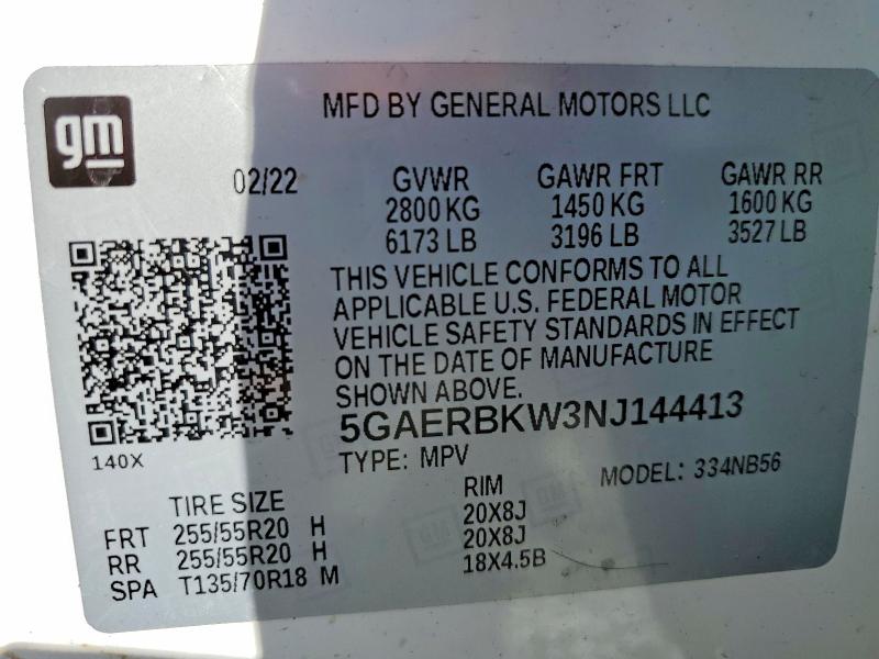 79891495 :رقم المزاد ، 5GAERBKW3NJ144413 vin ، 2022 Buick Enclave مزاد بيع
