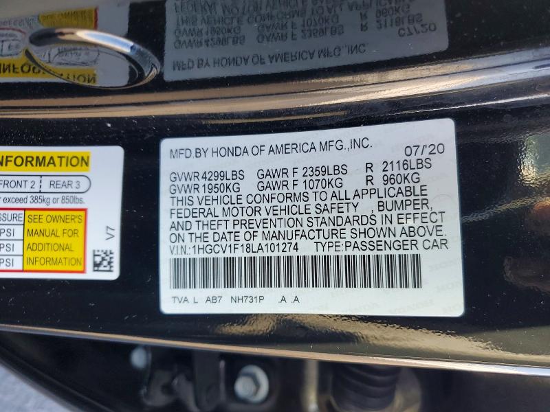 74508685 :رقم المزاد ، 1HGCV1F18LA101274 vin ، 2020 Honda Accord مزاد بيع