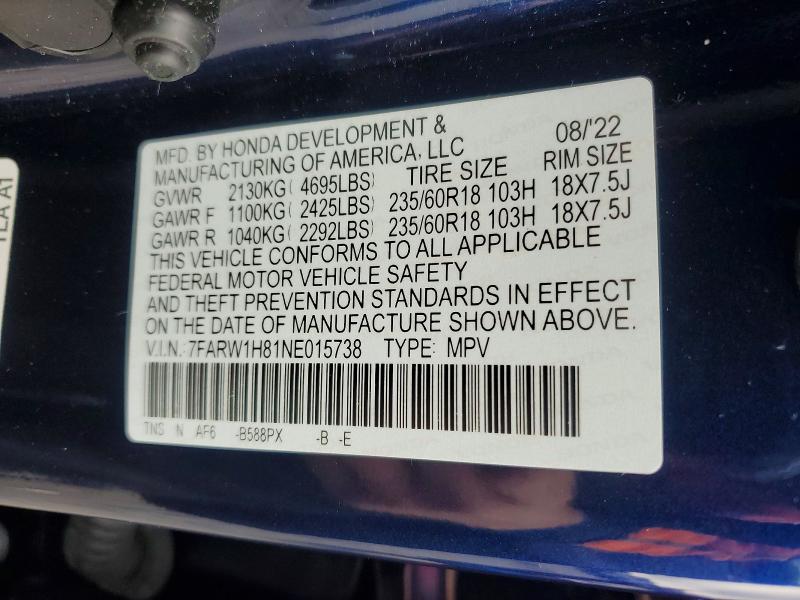 77555015 :رقم المزاد ، 7FARW1H81NE015738 vin ، 2022 Honda Cr-v مزاد بيع