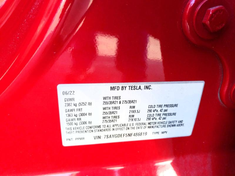 75794785 :رقم المزاد ، 7SAYGDEF5NF486819 vin ، 2022 Tesla Model Y مزاد بيع