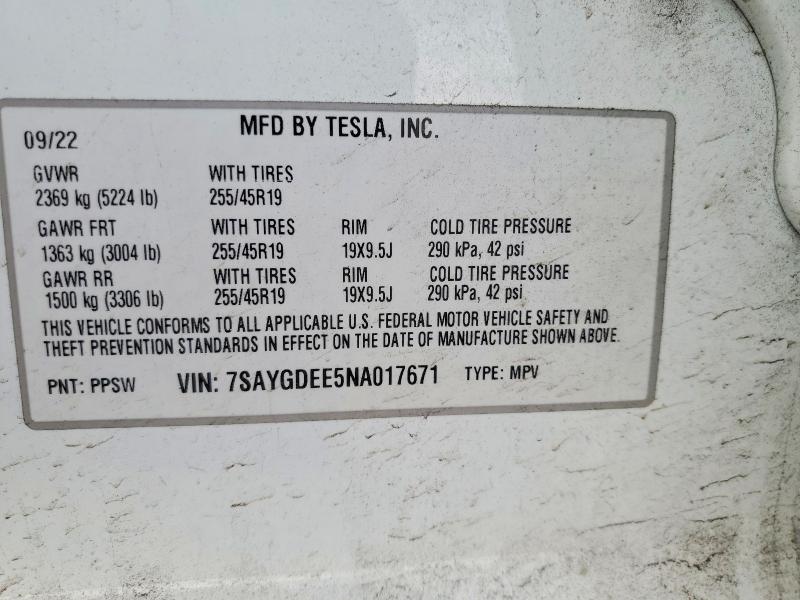 2022 Tesla Model Y მანქანა იყიდება აუქციონზე, vin: 7SAYGDEE5NA017671, აუქციონის ნომერი: 75992735