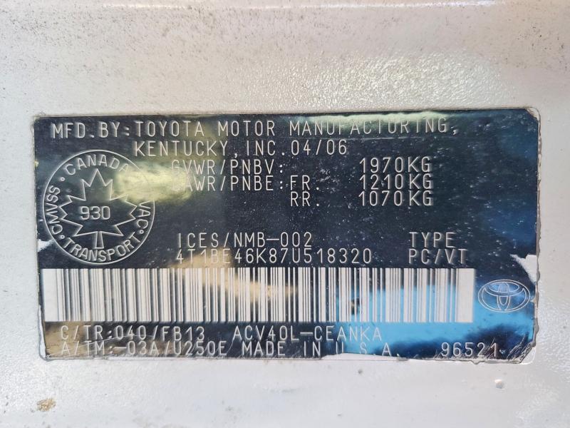 2007 Toyota Camry მანქანა იყიდება აუქციონზე, vin: 4T1BE46K87U518320, აუქციონის ნომერი: 76642885