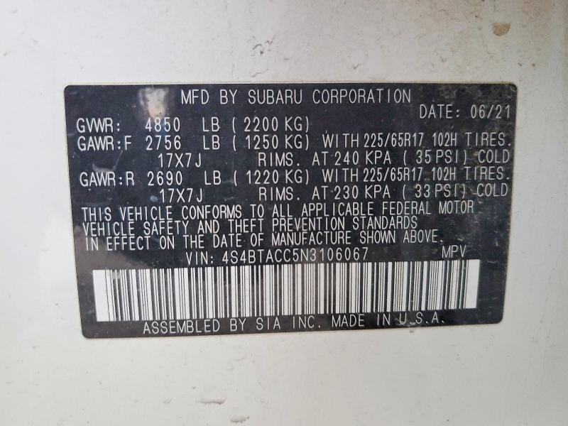 Aukcja sprzedaży 2022 Subaru Outback, vin: 4S4BTACC5N3106067, numer aukcji: 76250225