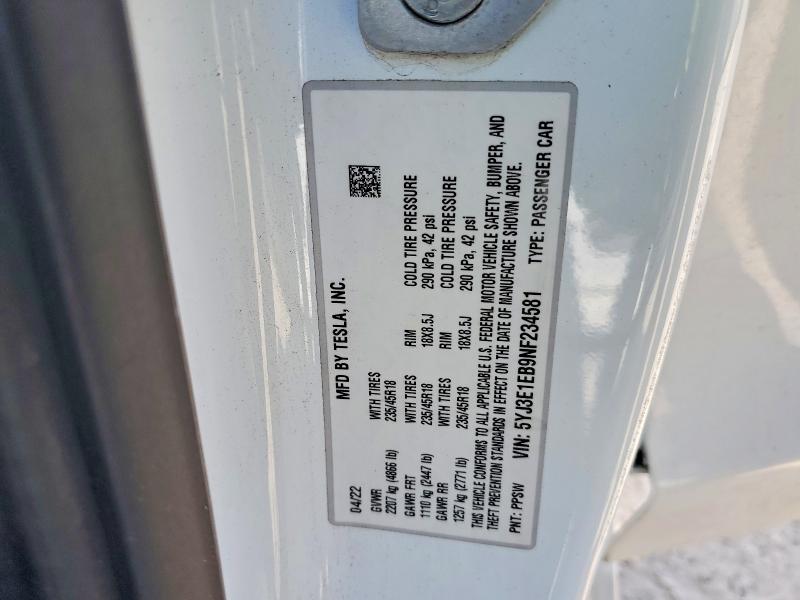 2022 Tesla Mdl 3 მანქანა იყიდება აუქციონზე, vin: 5YJ3E1EB9NF234581, აუქციონის ნომერი: 78137545