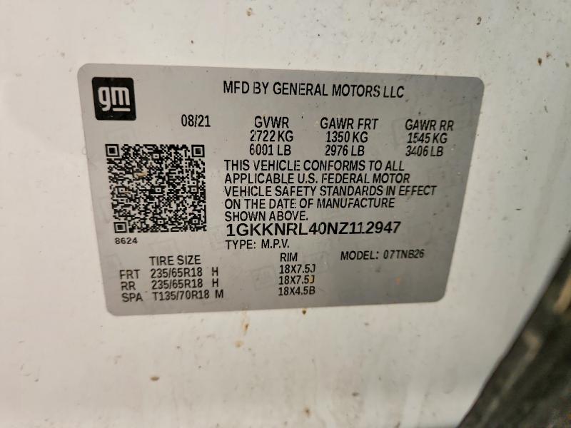 76246195 :رقم المزاد ، 1GKKNRL40NZ112947 vin ، 2022 Gmc Acadia مزاد بيع