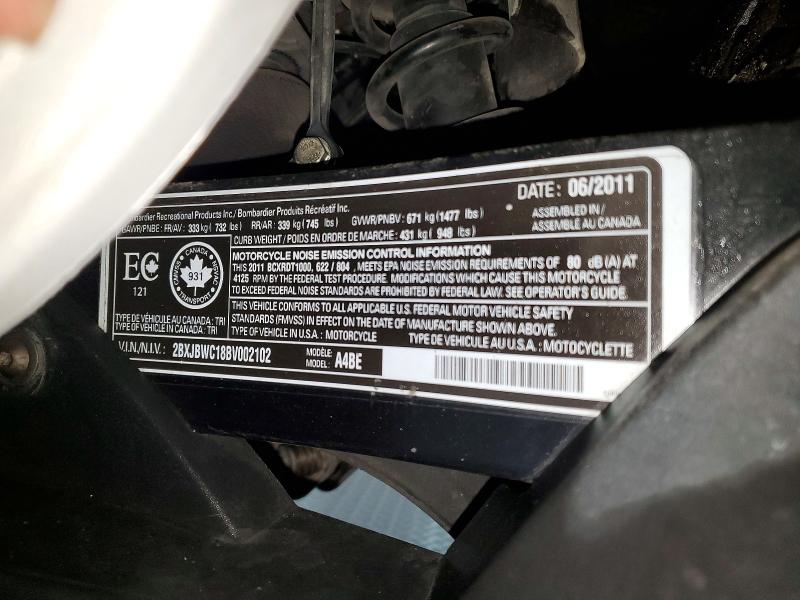 77550455 :رقم المزاد ، 2BXJBWC18BV002102 vin ، 2011 Can-am Spyder Roadster مزاد بيع