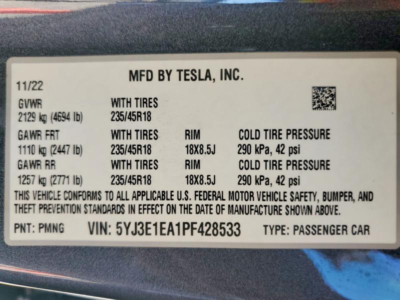 Aukcja sprzedaży 2023 Tesla Model 3, vin: 5YJ3E1EA1PF428533, numer aukcji: 76812565