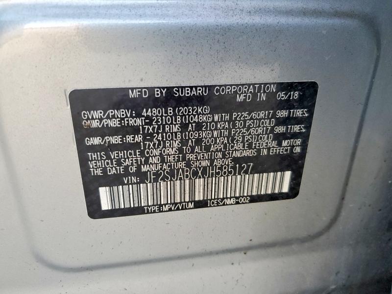 2018 Subaru Forester მანქანა იყიდება აუქციონზე, vin: JF2SJABCXJH585127, აუქციონის ნომერი: 77187125