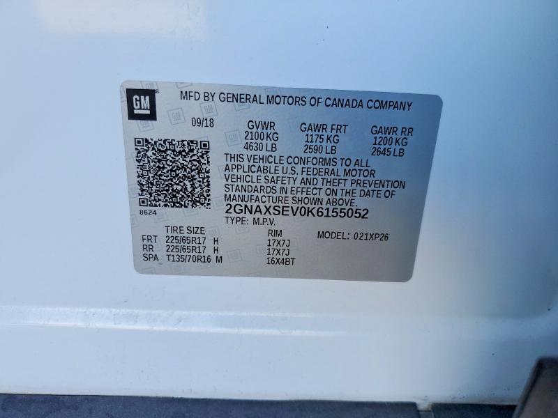 Продажа на аукционе авто 2019 Chevrolet Equinox, vin: 2GNAXSEV0K6155052, номер лота: 77007355