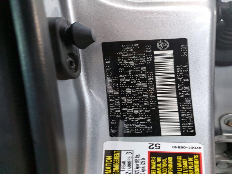 78823095 :رقم المزاد ، 4T1B11HK5KU749997 vin ، 2019 Toyota Camry مزاد بيع