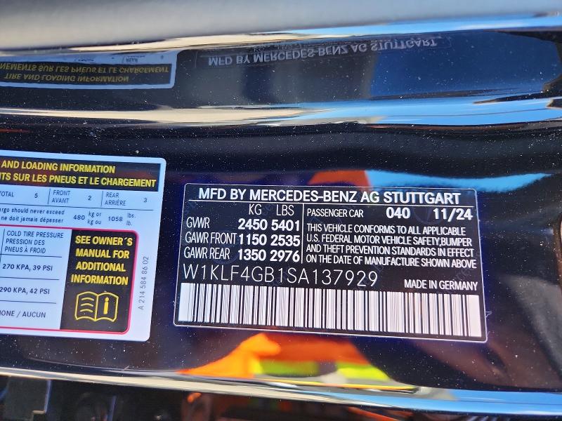 Продаж на аукціоні авто 2025 Mercedes-benz E, vin: W1KLF4GB1SA137929, номер лоту: 77173395