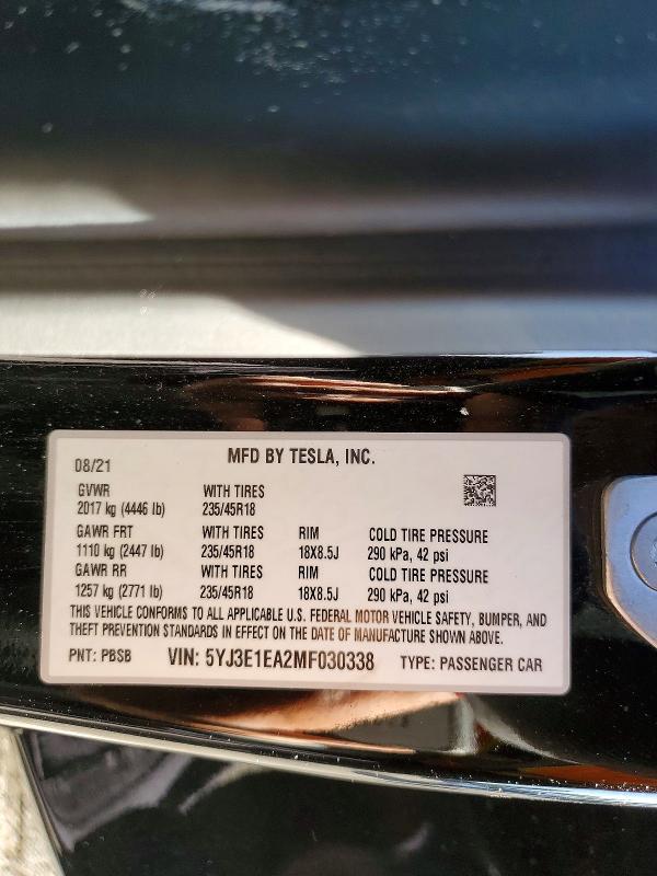 Aukcja sprzedaży 2021 Tesla Model 3, vin: 5YJ3E1EA2MF030338, numer aukcji: 76998345
