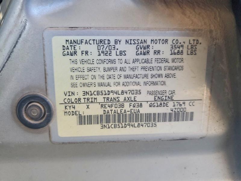 Aukcja sprzedaży 2004 Nissan Sentra, vin: 3N1CB51D94L847035, numer aukcji: 77729865