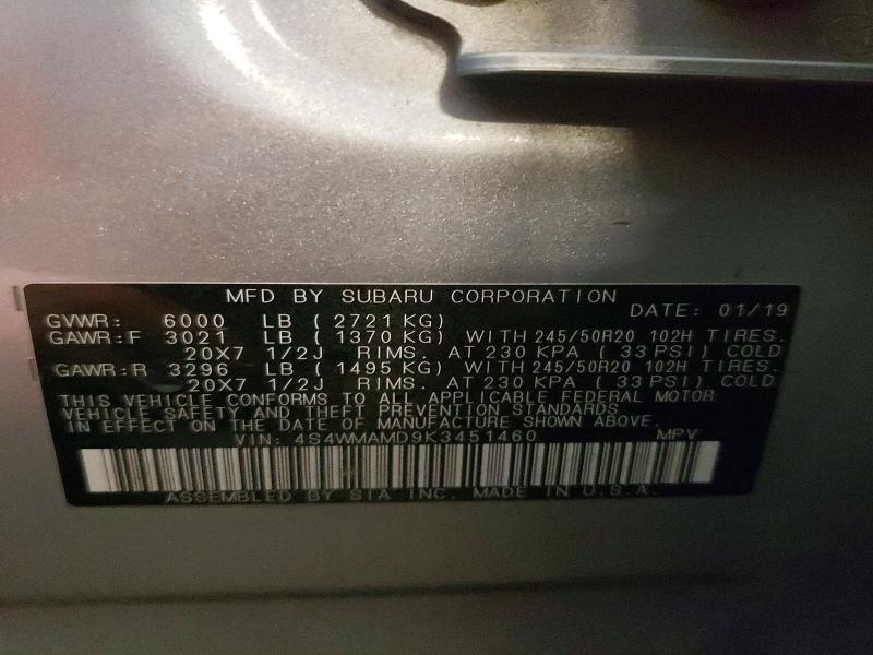 78690445 :رقم المزاد ، 4S4WMAMD9K3451460 vin ، 2019 Subaru Ascent مزاد بيع