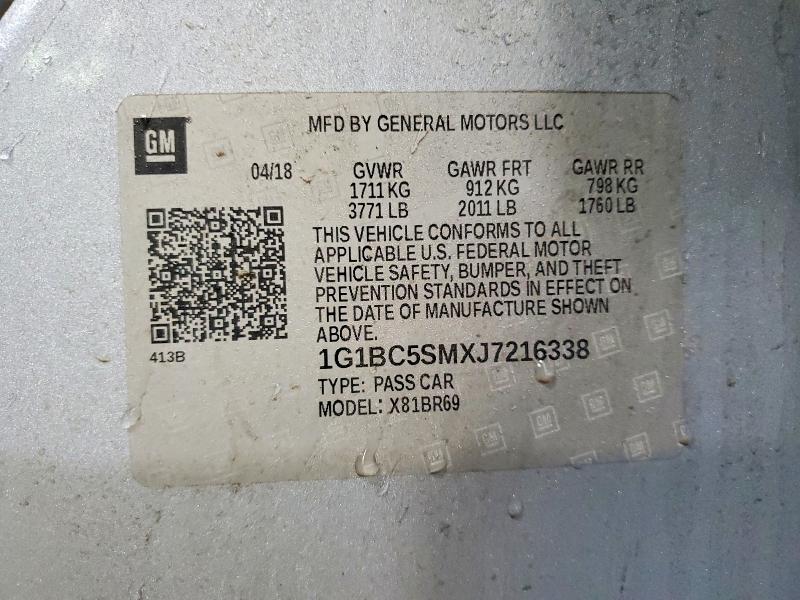 2018 Chevrolet Cruze მანქანა იყიდება აუქციონზე, vin: 1G1BC5SMXJ7216338, აუქციონის ნომერი: 78681865