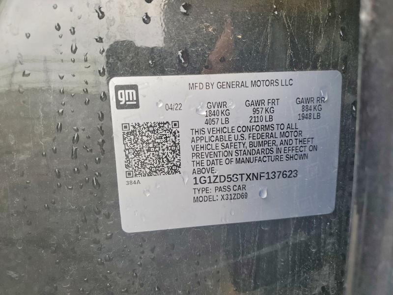 Aukcja sprzedaży 2022 Chevrolet Malibu, vin: 1G1ZD5STXNF137623, numer aukcji: 77556605