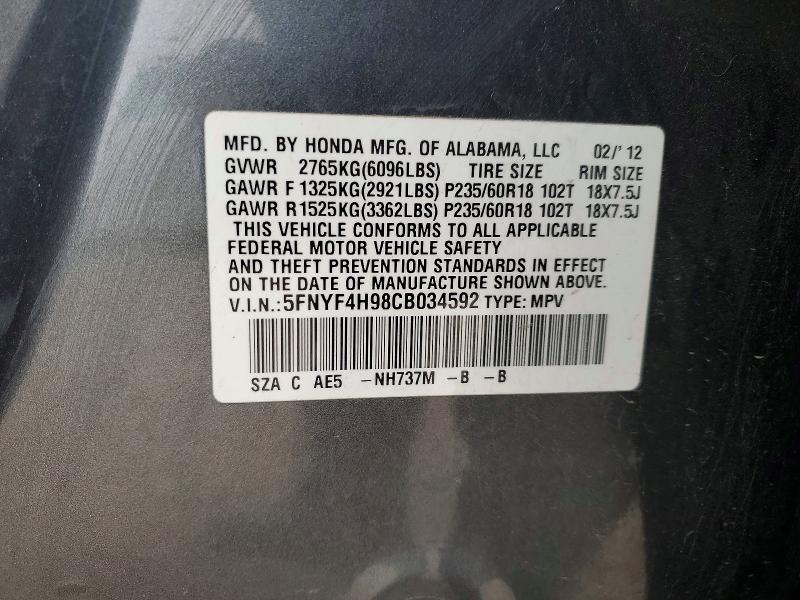 2012 Honda Pilot მანქანა იყიდება აუქციონზე, vin: 5FNYF4H98CB034592, აუქციონის ნომერი: 78043085