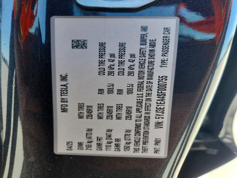 78705715 :رقم المزاد ، 5YJ3E1EA4SF000755 vin ، 2025 Tesla Model 3 مزاد بيع