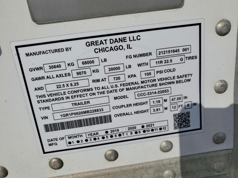 2021 Great Dane Trailers მანქანა იყიდება აუქციონზე, vin: 1GR1P0620MB228833, აუქციონის ნომერი: 47998986