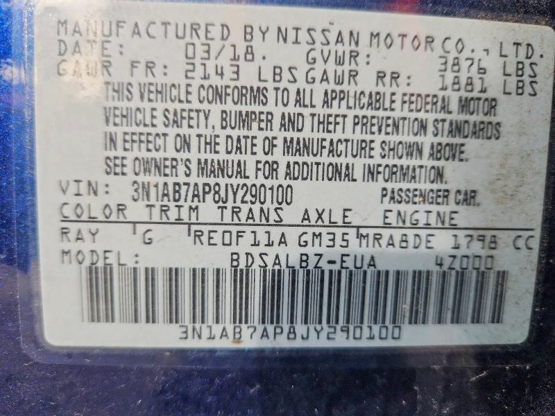 77709255 :رقم المزاد ، 3N1AB7AP8JY290100 vin ، 2018 Nissan Sentra مزاد بيع
