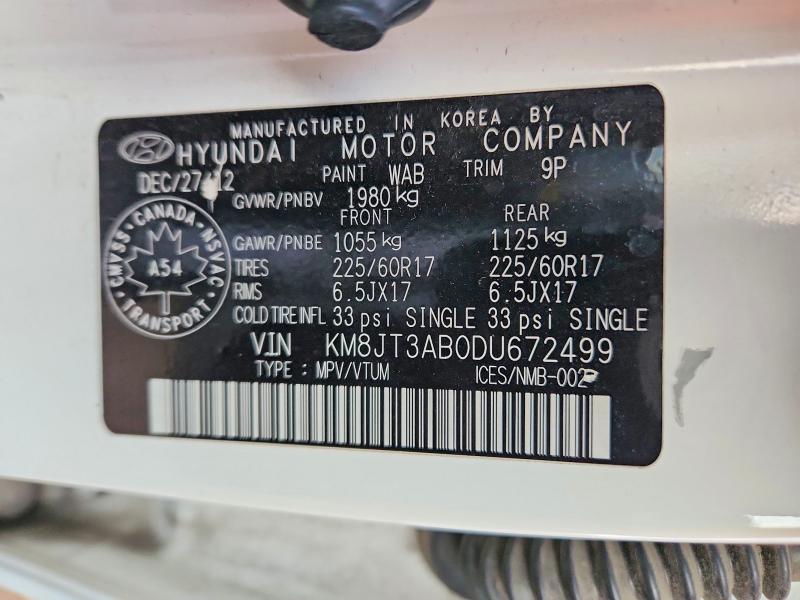 2013 Hyundai Tucson მანქანა იყიდება აუქციონზე, vin: KM8JT3AB0DU672499, აუქციონის ნომერი: 77596355