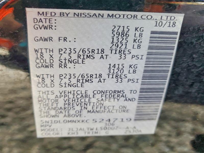 77306315 :رقم المزاد ، 5N1DL0MNXKC524719 vin ، 2019 Infiniti Qx60 مزاد بيع