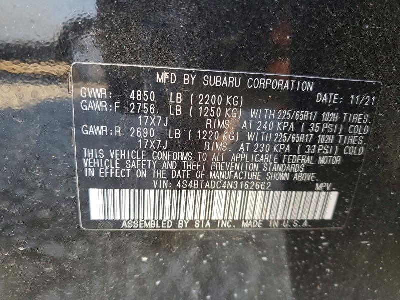 Продажа на аукционе авто 2022 Subaru Outback, vin: 4S4BTADC4N3162662, номер лота: 73554395