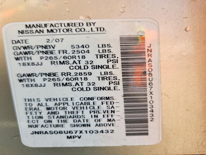 Aukcja sprzedaży 2007 Infiniti Fx35, vin: JNRAS08U67X103432, numer aukcji: 78375595
