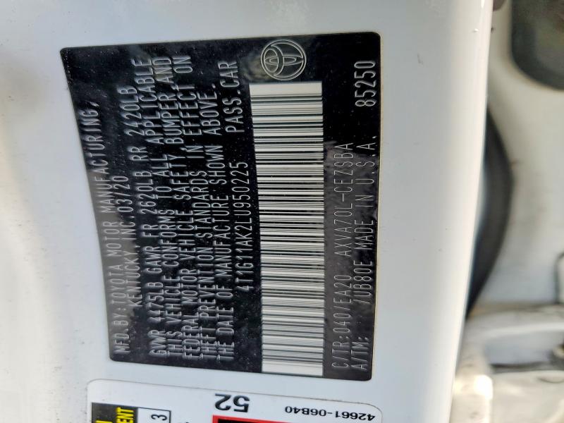 2020 Toyota Camry მანქანა იყიდება აუქციონზე, vin: 4T1G11AK2LU950225, აუქციონის ნომერი: 77771255