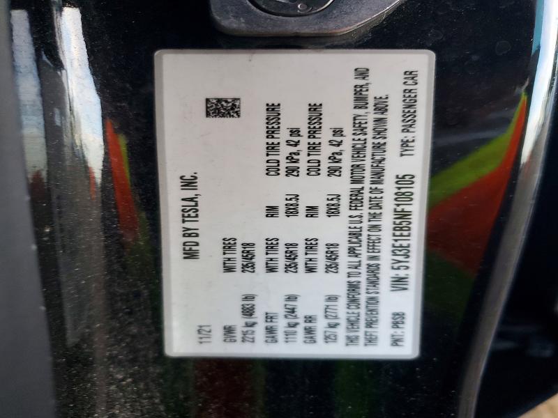 76387225 :رقم المزاد ، 5YJ3E1EB5NF108105 vin ، 2022 Tesla Model 3 مزاد بيع