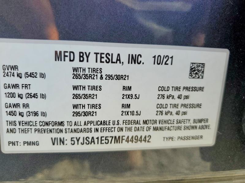 76414525 :رقم المزاد ، 5YJSA1E57MF449442 vin ، 2021 Tesla Model S مزاد بيع