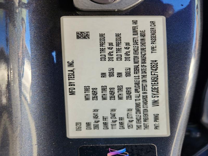 Продаж на аукціоні авто 2020 Tesla Model 3, vin: 5YJ3E1EA5LF743524, номер лоту: 76766485