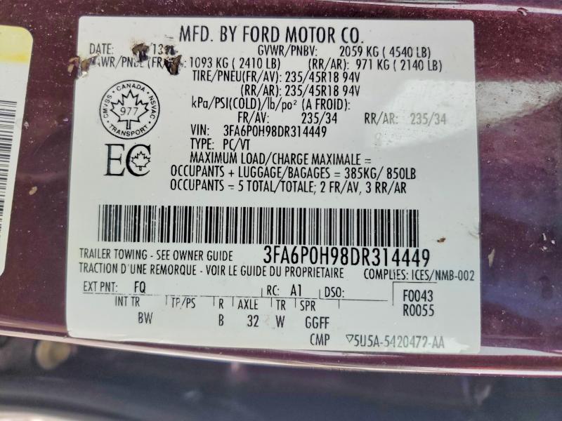 Aukcja sprzedaży 2013 Ford Fusion, vin: 3FA6P0H98DR314449, numer aukcji: 76000575