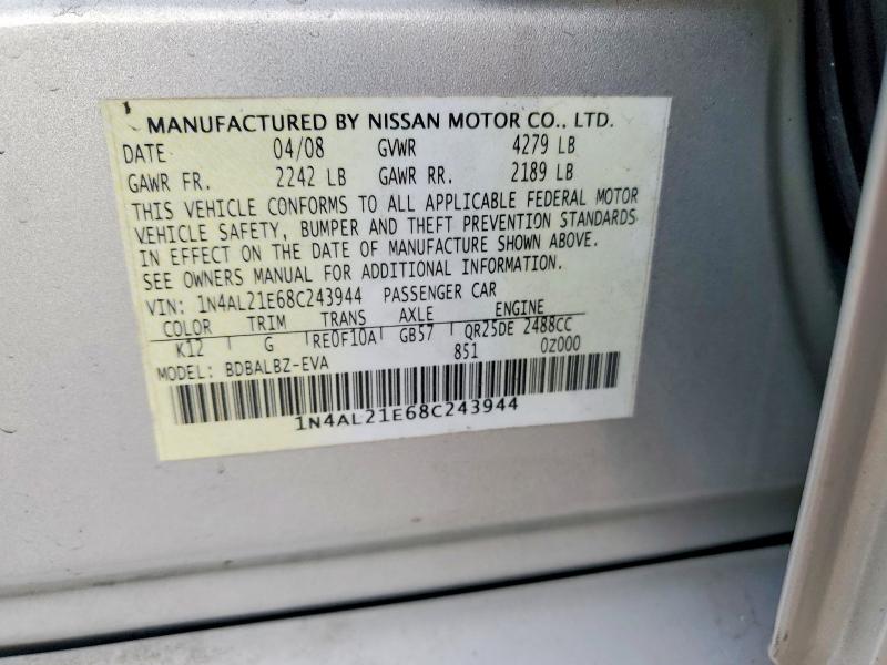 Продаж на аукціоні авто 2008 Nissan Altima, vin: 1N4AL21E68C243944, номер лоту: 79169545