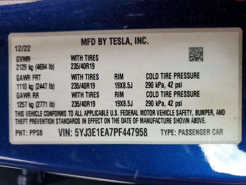 Продаж на аукціоні авто 2023 Tesla Model 3, vin: 5YJ3E1EA7PF447958, номер лоту: 77593085