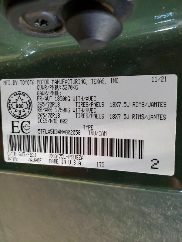75926945 :رقم المزاد ، 5TFLA5DB4NX002058 vin ، 2022 Toyota Tundra Cre مزاد بيع