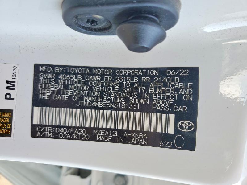 77580505 :رقم المزاد ، JTND4MBE5N3181331 vin ، 2022 Toyota Corolla مزاد بيع
