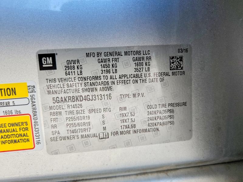 75762925 :رقم المزاد ، 5GAKRBKD4GJ313116 vin ، 2016 Buick Enclave مزاد بيع