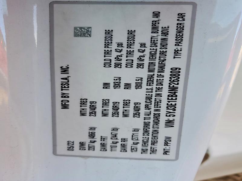 Продажа на аукционе авто 2022 Tesla Model 3, vin: 5YJ3E1EB4NF263809, номер лота: 77318955