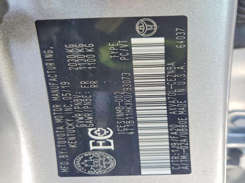 76522165 :رقم المزاد ، 4T1B11HKXKU793073 vin ، 2019 Toyota Camry مزاد بيع