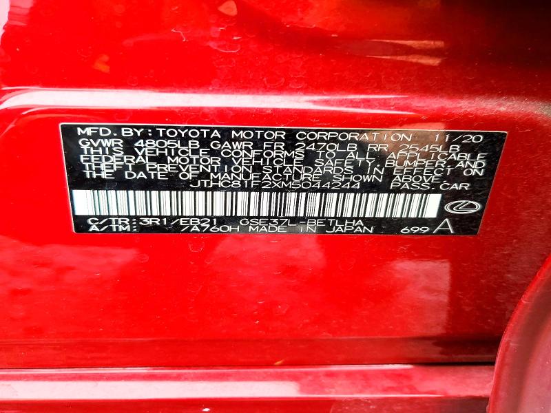 Aukcja sprzedaży 2021 Lexus Is, vin: JTHC81F2XM5044244, numer aukcji: 75606005