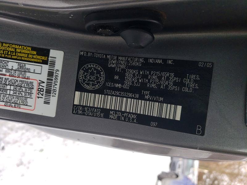 Aukcja sprzedaży 2005 Toyota Sienna, vin: 5TDZA29C35S296438, numer aukcji: 75923295