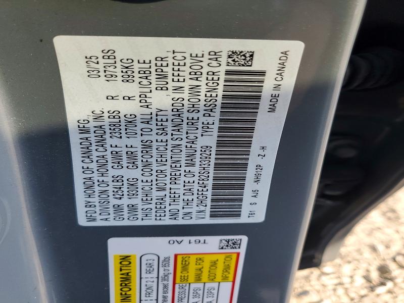 2025 Honda Civic მანქანა იყიდება აუქციონზე, vin: 2HGFE4F82SH339259, აუქციონის ნომერი: 76788345