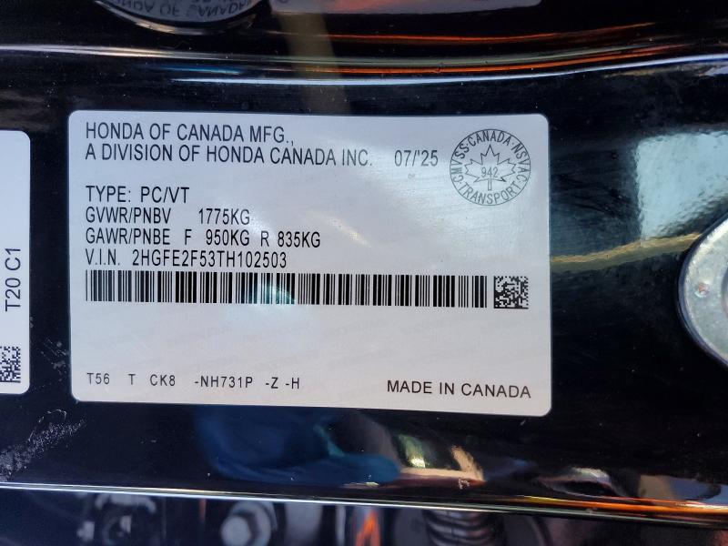 79027495 :رقم المزاد ، 2HGFE2F53TH102503 vin ، 2026 Honda Civic مزاد بيع