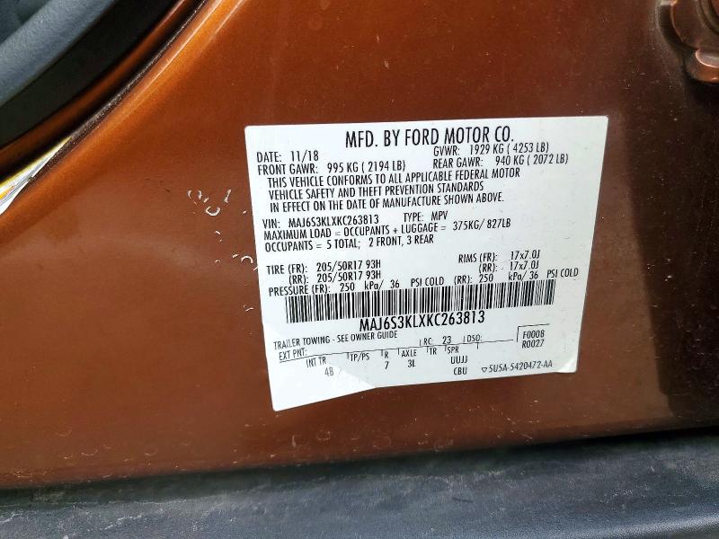 76794585 :رقم المزاد ، MAJ6S3KLXKC263813 vin ، 2019 Ford Ecosport مزاد بيع