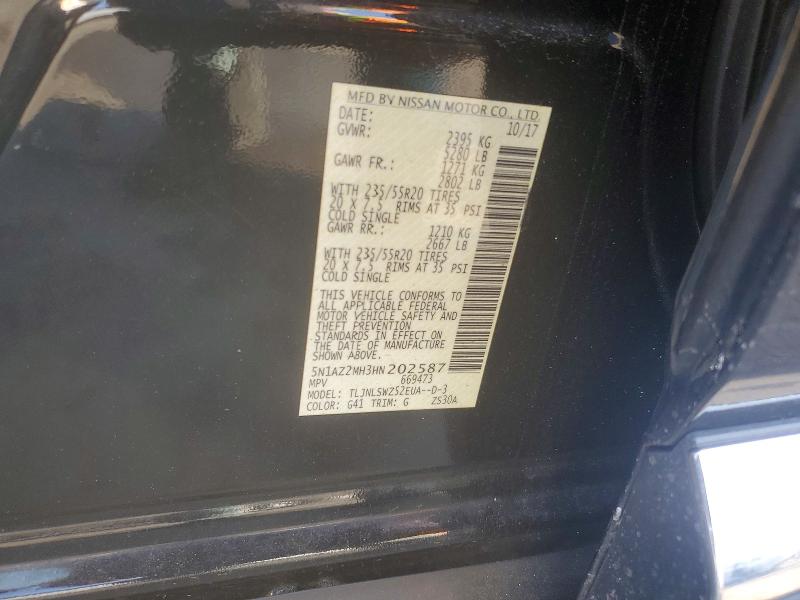 2017 Nissan Murano მანქანა იყიდება აუქციონზე, vin: 5N1AZ2MH3HN202587, აუქციონის ნომერი: 75624535